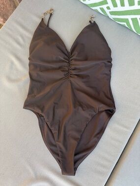 Ramy Brook Brown One-Piece Swimsuit with Gold Chain Straps SZ SMALL-EXC COND!